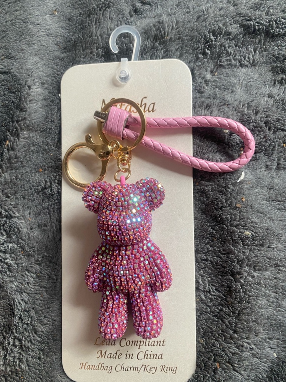 BNWT Natasha Couture Light Pink Bear Keychain with Gold Accents $58